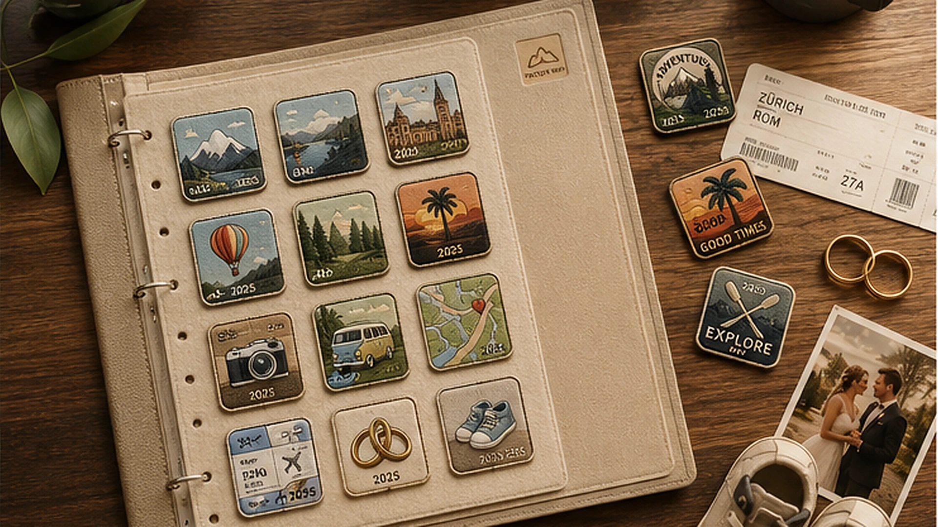 Flatlay mit PatchyMap Ordner und verstreuten Patches verschiedener Lebensmomente